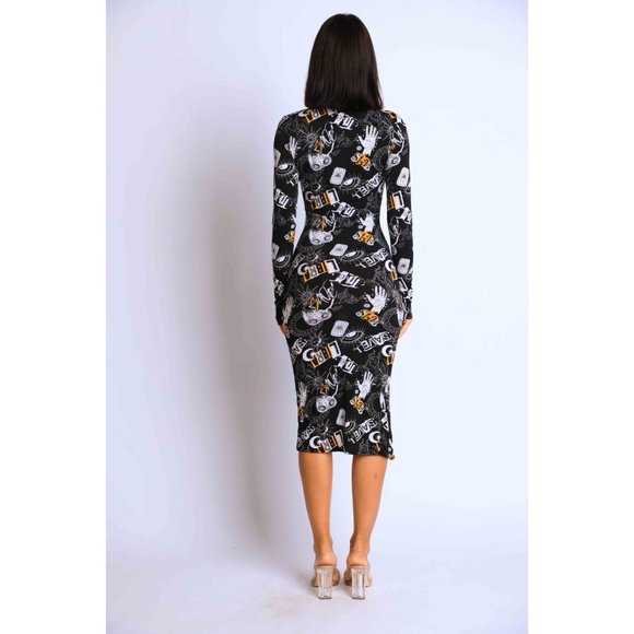 Women's Mock Neck Split Thigh Midi Bodycon Dress Long Sleeve Black S M L - Picture 3 of 8